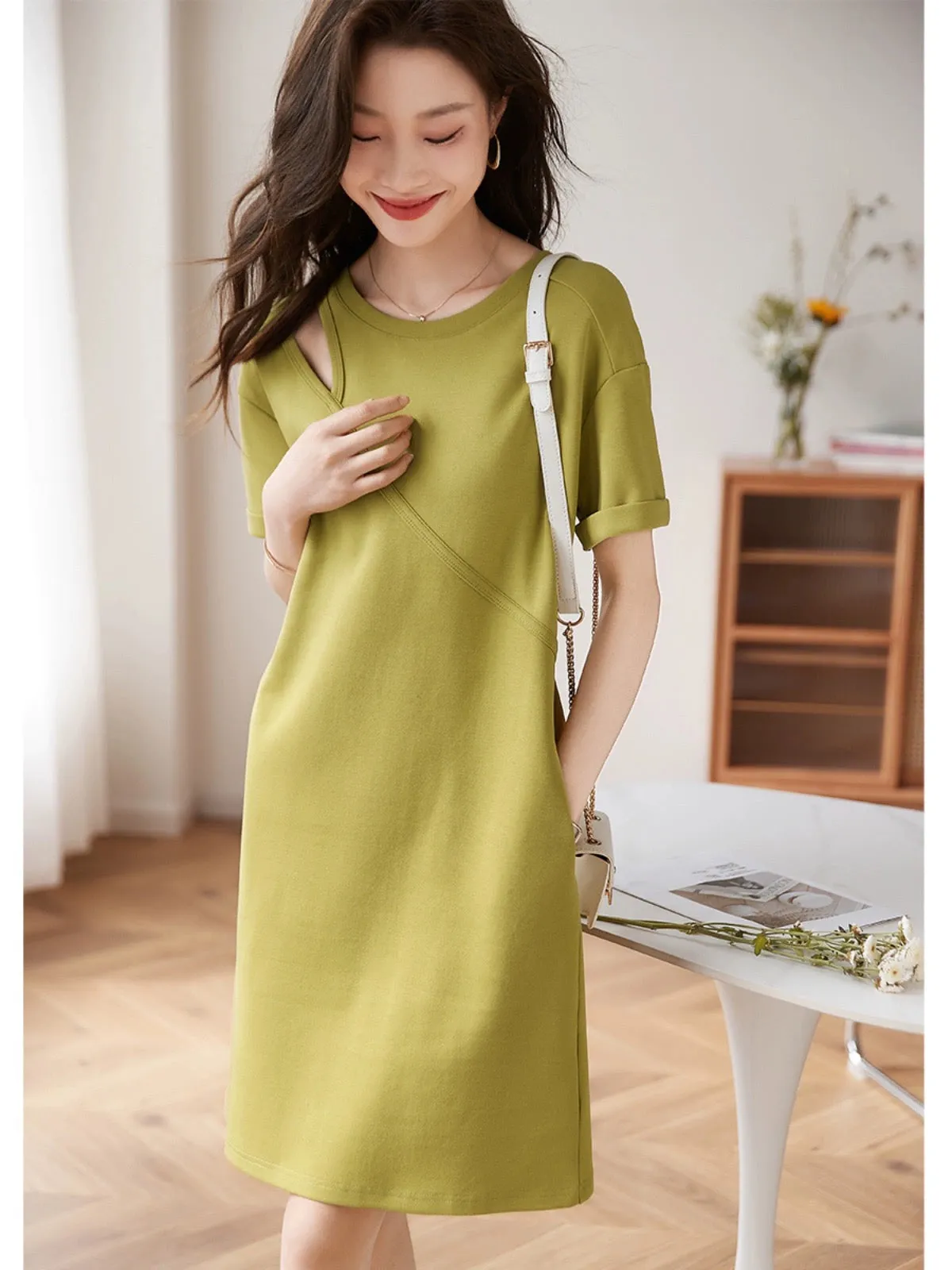 Mohan Yimei loose casual dress 2024 new summer fashion versatile basic pullover dress for women