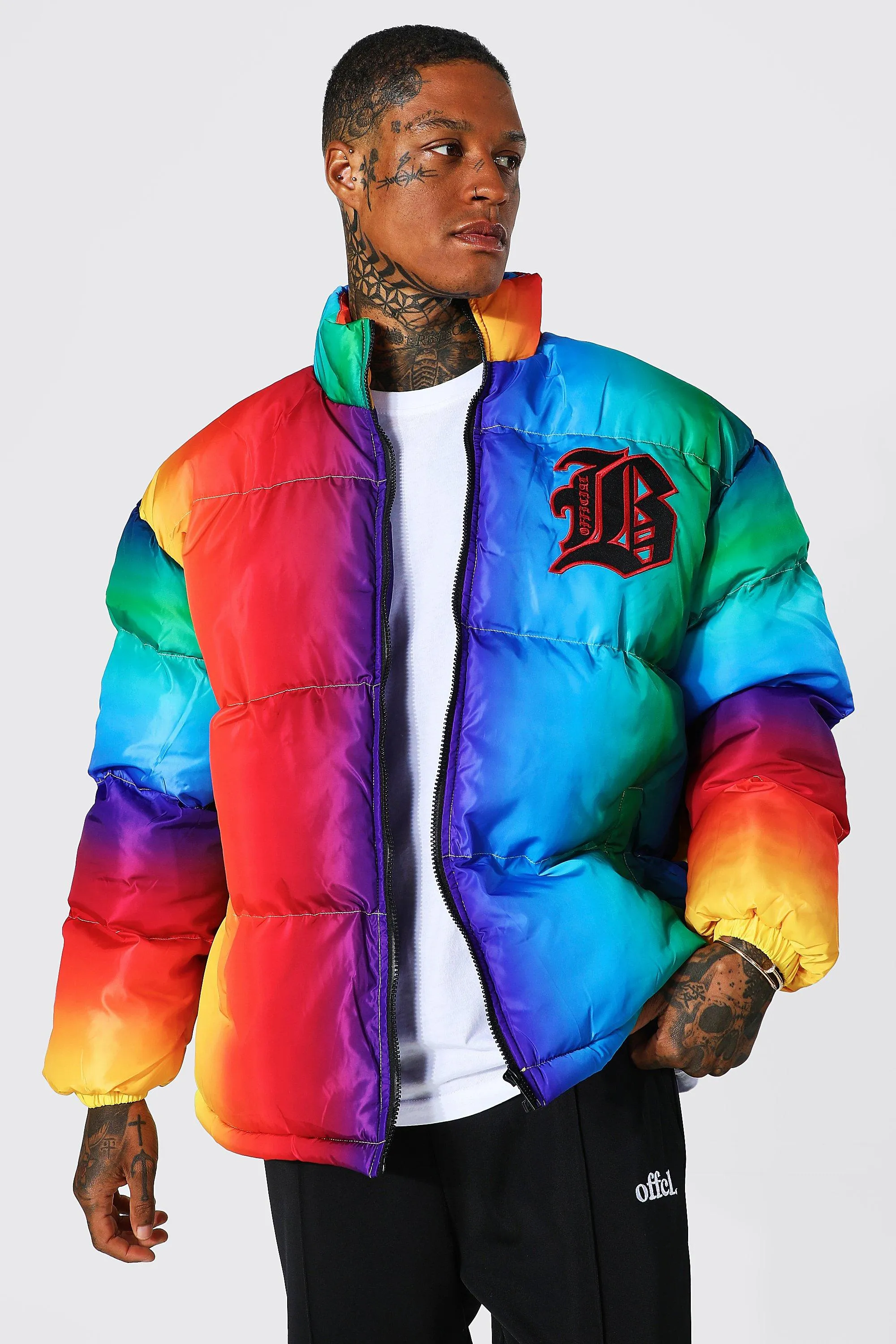 Multi Ombre Badge Oversize Funnel Neck Puffer