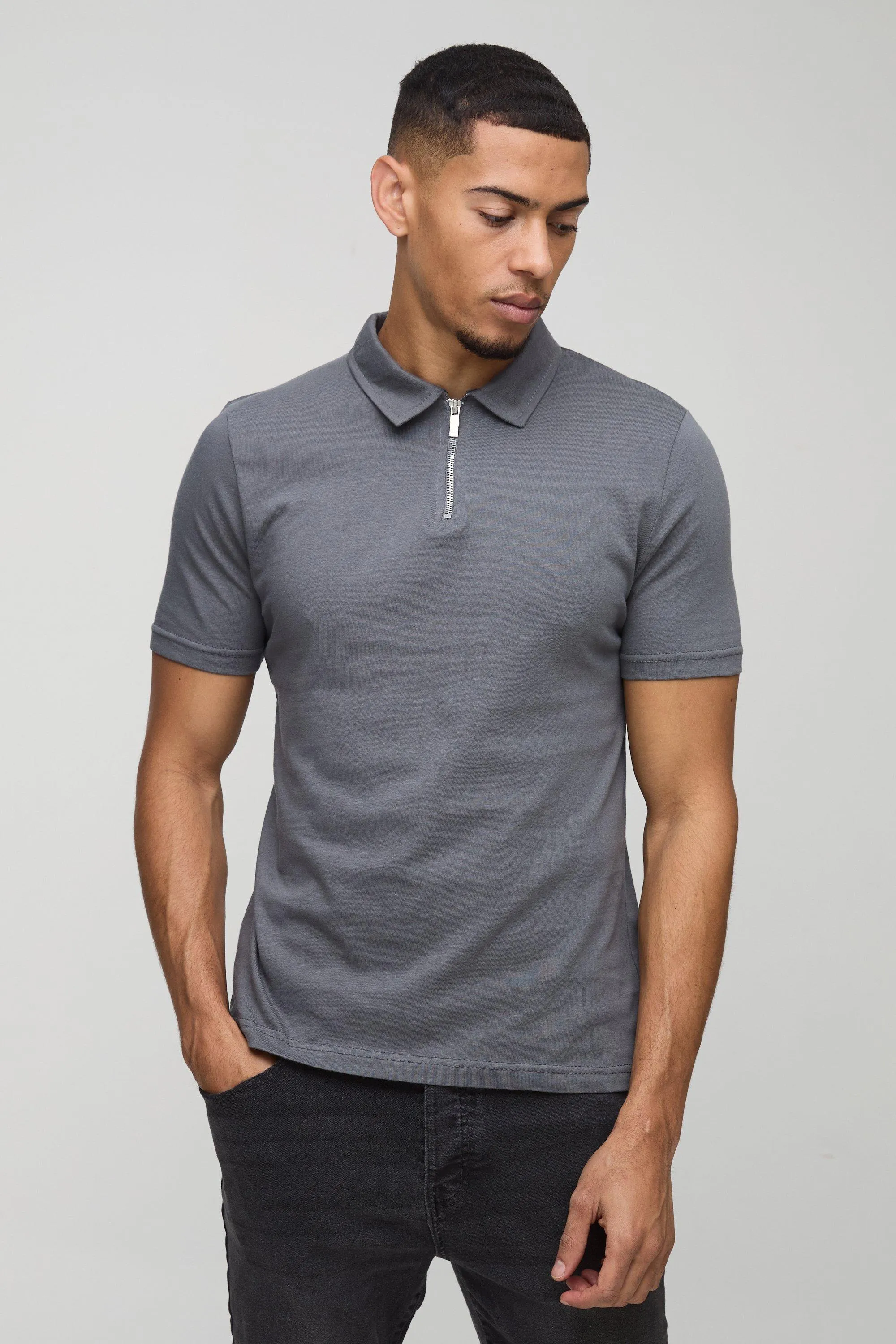 Muscle Zip Neck Polo | boohooMAN UK