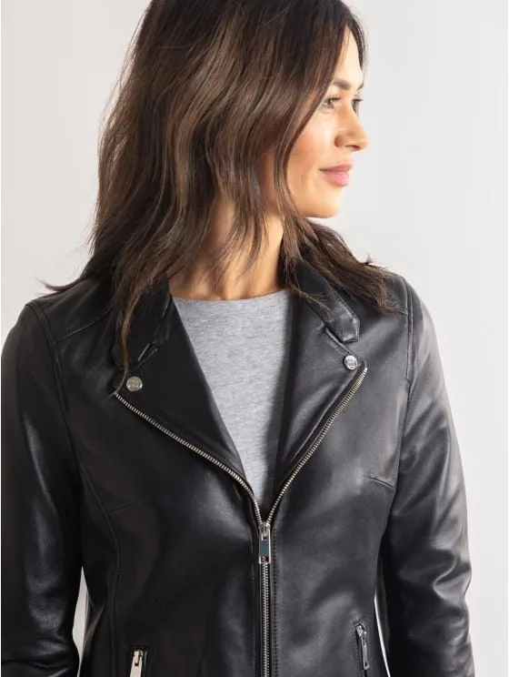 Nateby Centre Zip Leather Biker Jacket in Black