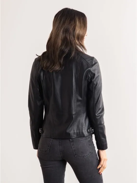 Nateby Centre Zip Leather Biker Jacket in Black