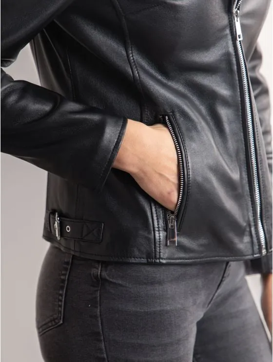 Nateby Centre Zip Leather Biker Jacket in Black