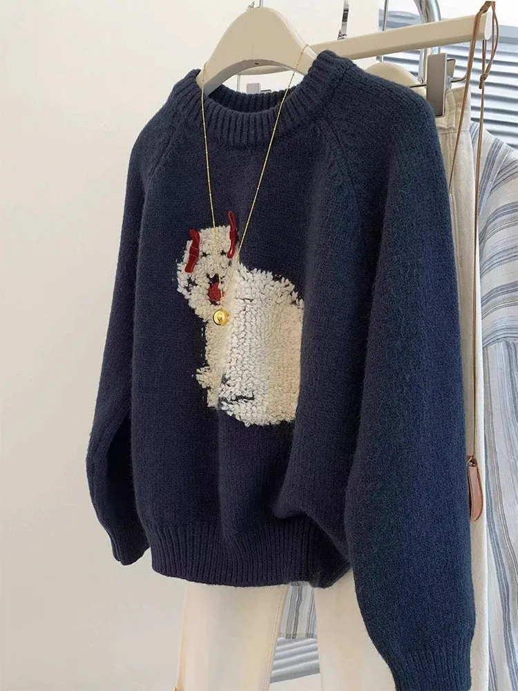 Navy round neck pullover sweater for women in autumn and winter, 2024 new style lazy style knitted sweater top for outer wear an
