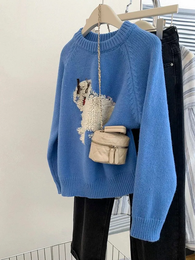 Navy round neck pullover sweater for women in autumn and winter, 2024 new style lazy style knitted sweater top for outer wear an