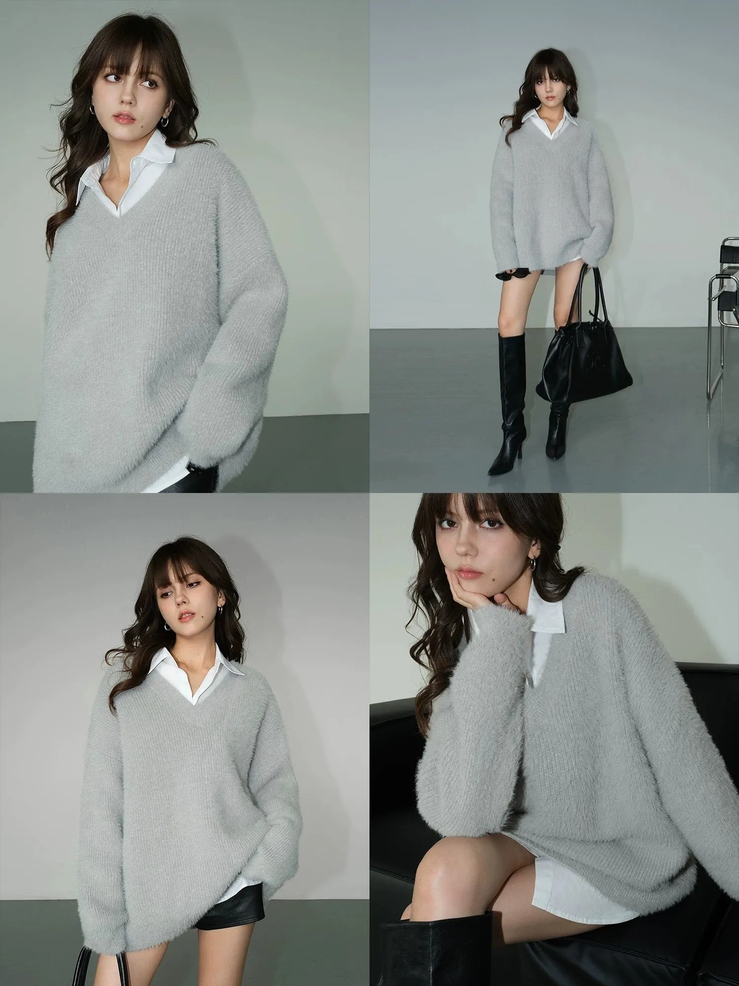 NEVA HU black imitation mink v-neck sweater women's high-end autumn and winter lazy loose pullover sweater top