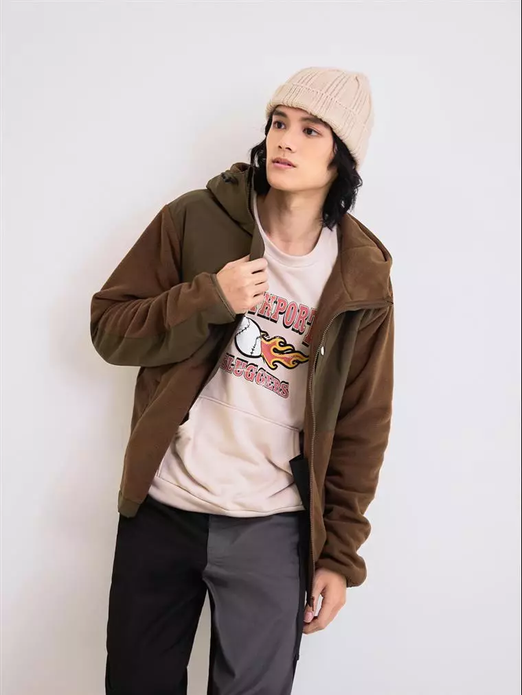 OBSTYLE Cut-and-sew Color-block Fleece-lined Hooded Jacket《KL1436》