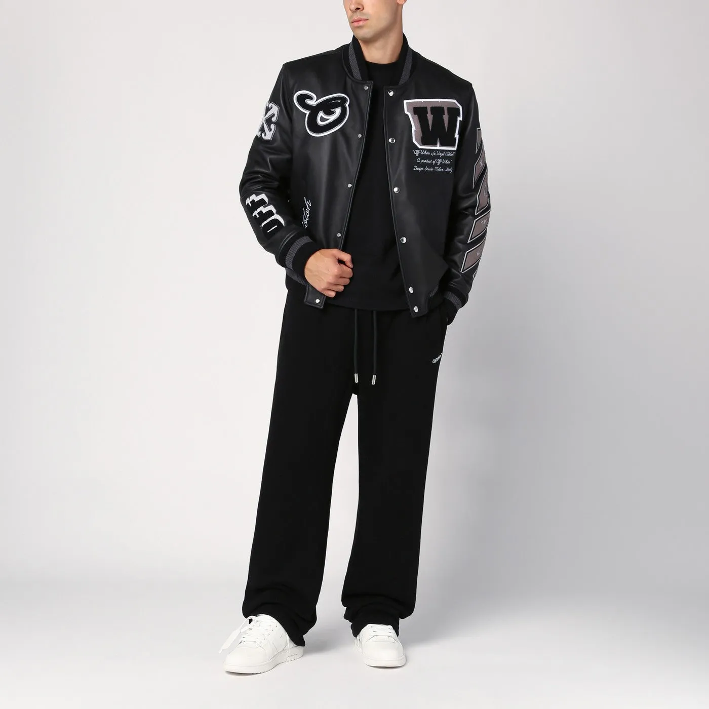 Off White    Off White™ Black Leather Varsity Jacket