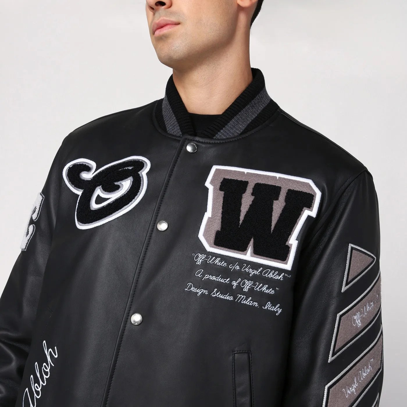 Off White    Off White™ Black Leather Varsity Jacket