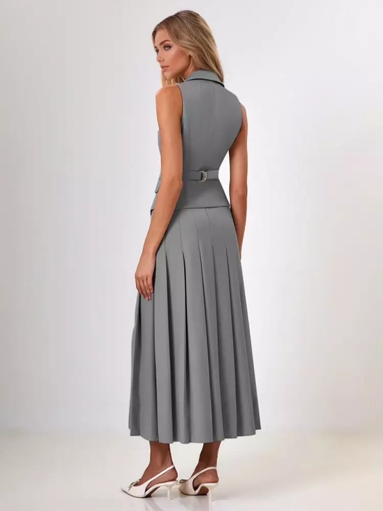 Office Two Piece Set For Women Double-breasted Lapel Vest And Pleated Long Skirt Summer Outfit 2025