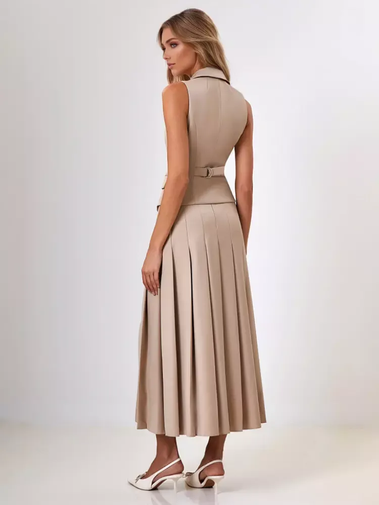 Office Two Piece Set For Women Double-breasted Lapel Vest And Pleated Long Skirt Summer Outfit 2025