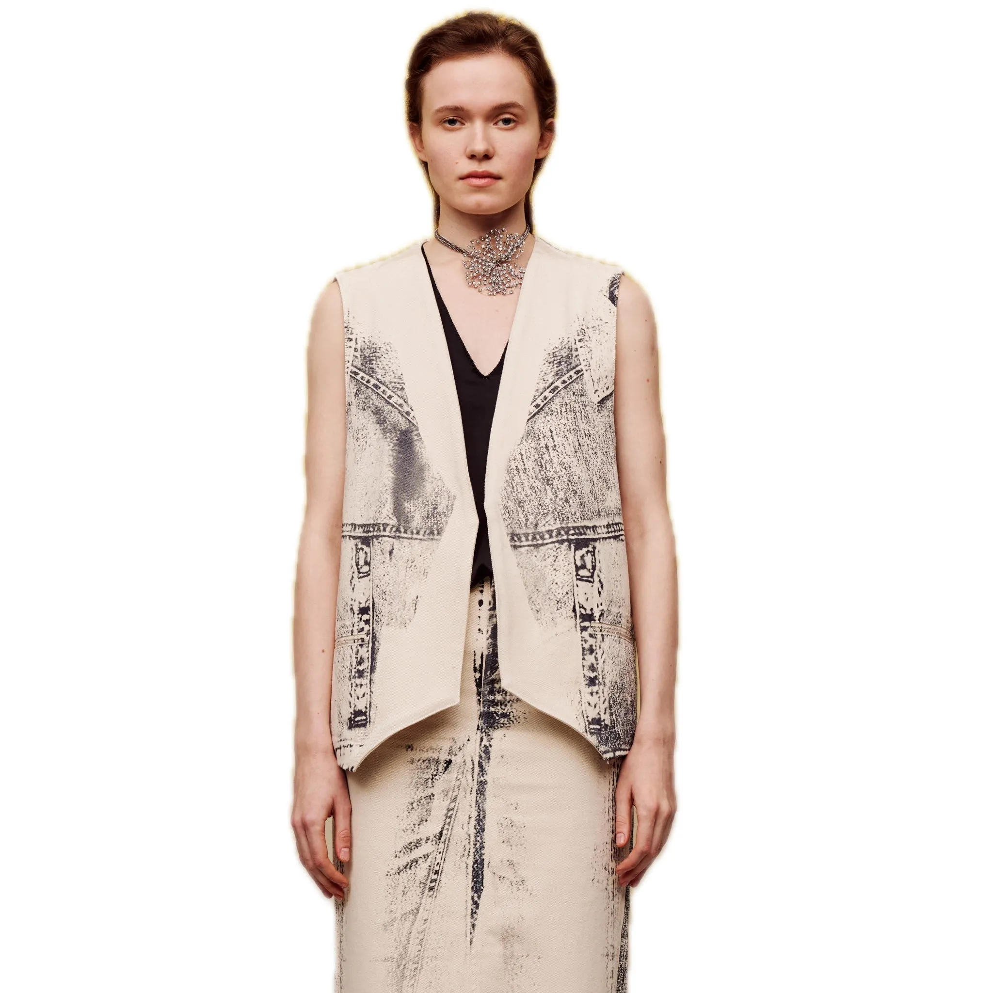 Offset Print Denim Vest-