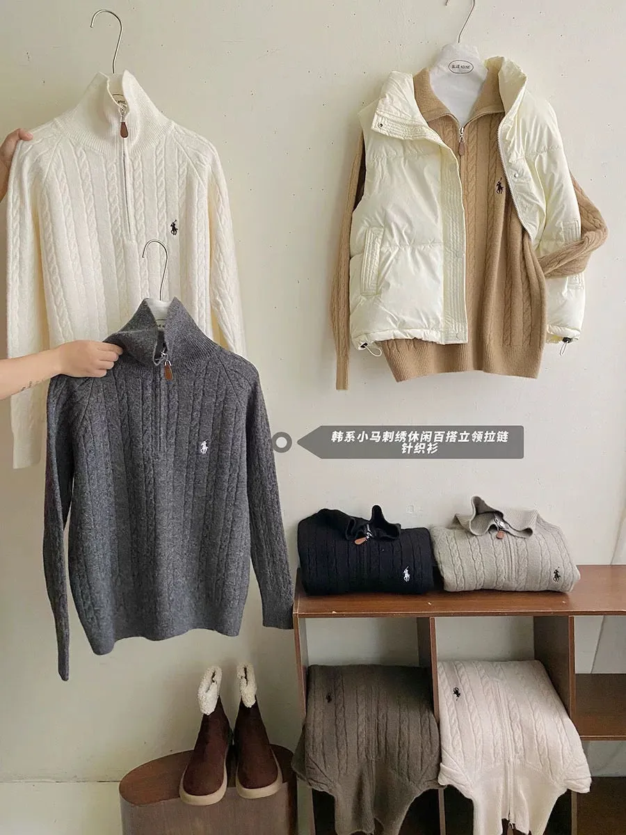 Old money retro half zipper stand collar pony embroidery cable knit sweater women autumn and winter pullover casual all-match kn