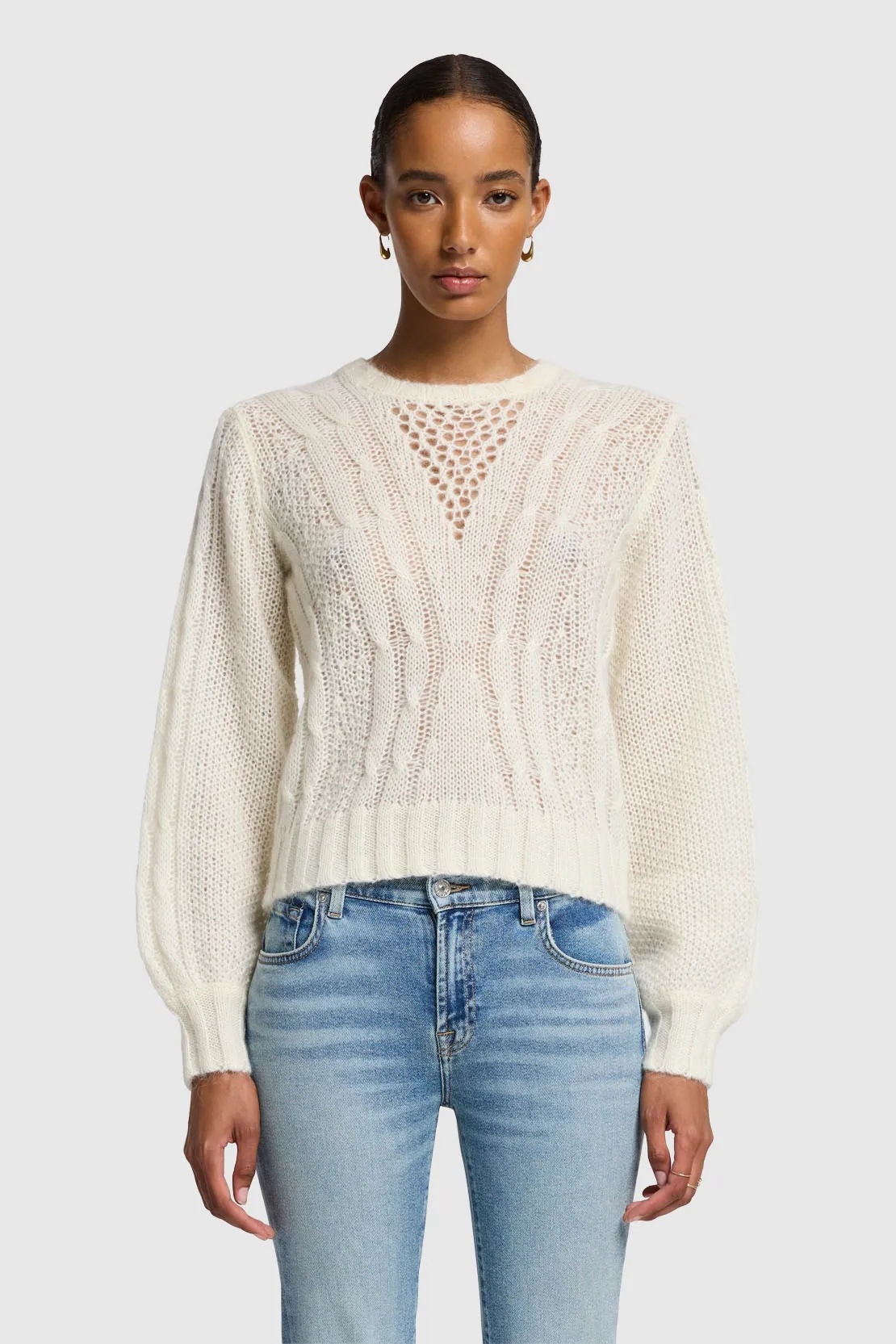 OPEN NECK CABLE PULLOVER WOOL BLEND OFF WHITE