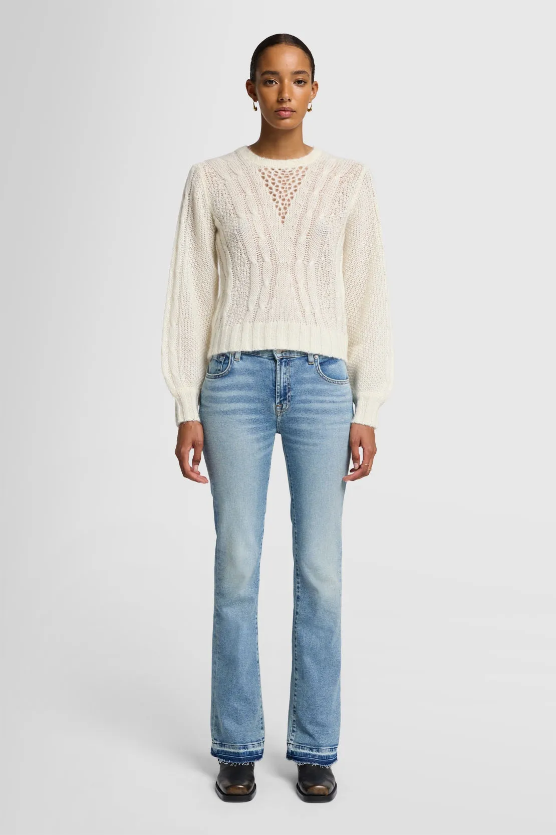 OPEN NECK CABLE PULLOVER WOOL BLEND OFF WHITE