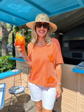 Orange Lurex Shimmer Flower V Neck Carla