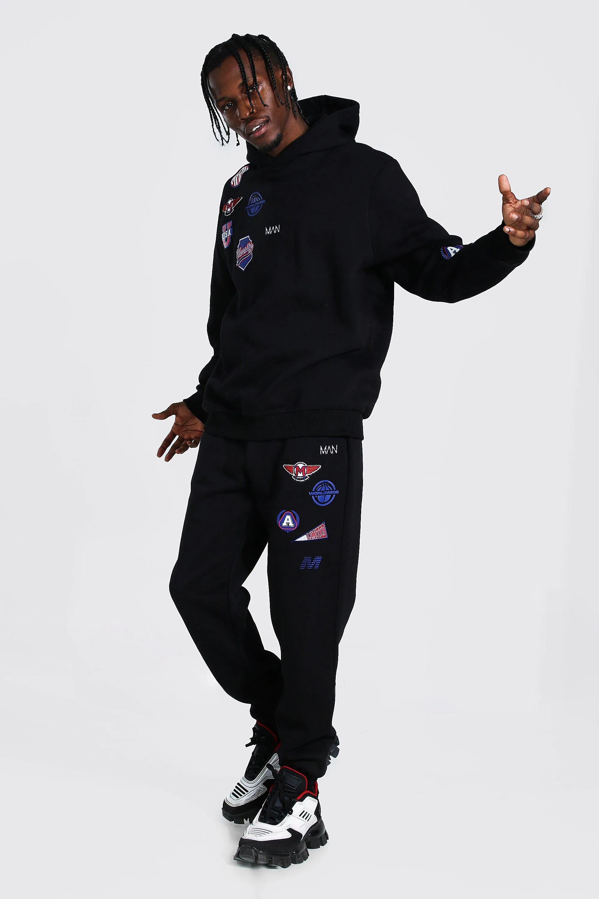 Original Man Multi Badge Hooded Tracksuit | boohooMAN UK