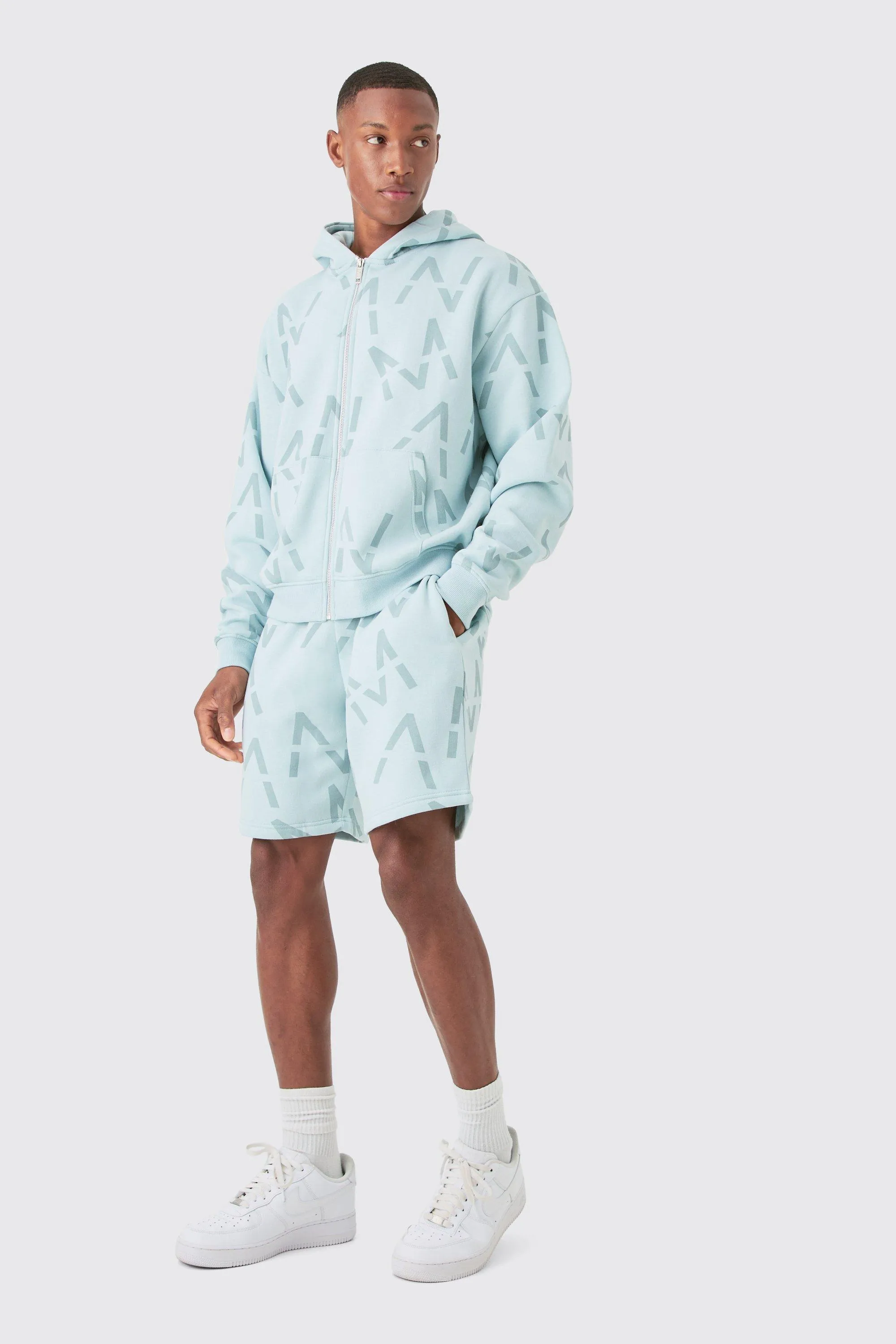 Oversized Boxy Man All Over Print Zip Hoodie Short Tracksuit | boohooMAN UK