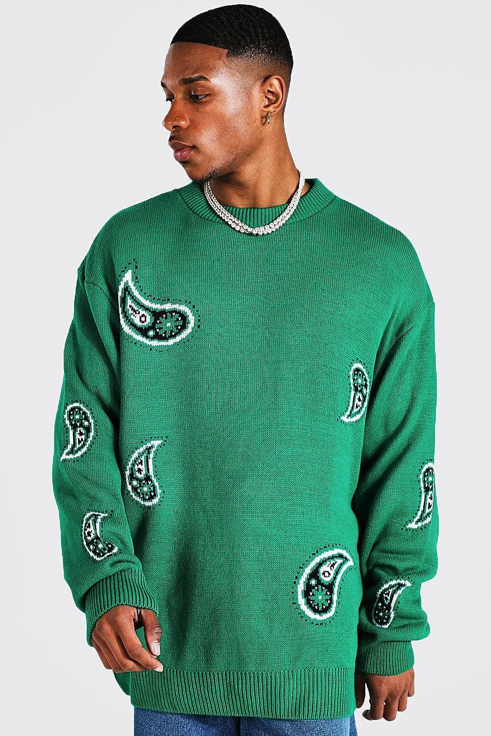 Oversized Paisley Knitted Jumper | boohooMAN UK