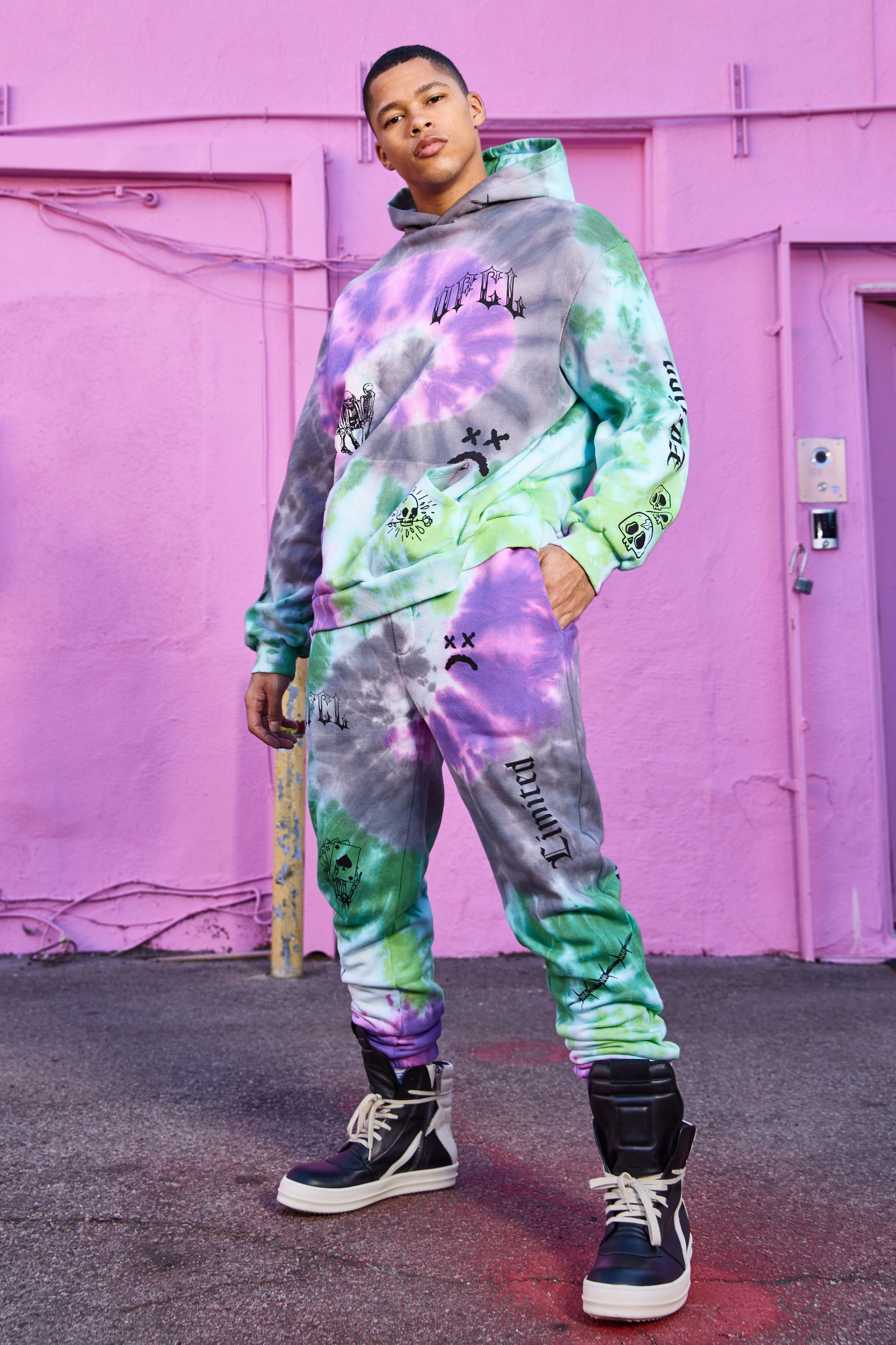 Ovesized Tie Dye Worldwide Graffiti Tracksuit | boohooMAN UK