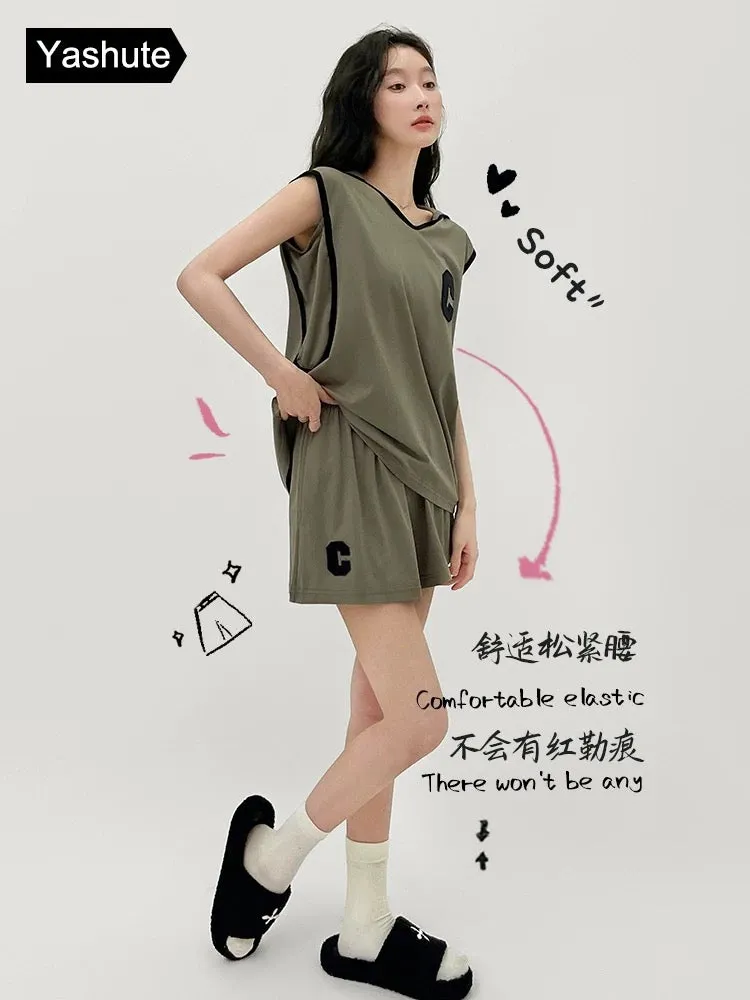 Pajama women's summer cool cotton vest shorts two-piece set loose with chest pad anti-bump thin sleeveless suit