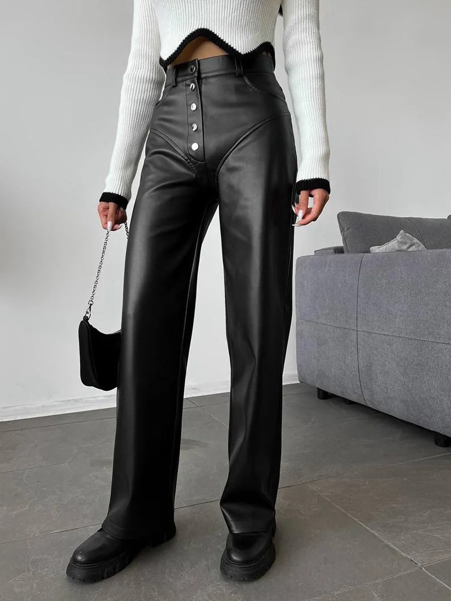 Pants Black Buttons PU Leather Trousers