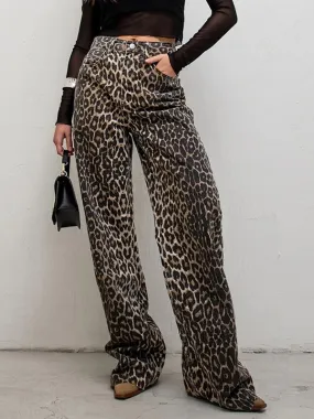 Pants Coffee Brown Cotton Natural Waist Leopard Print Trousers