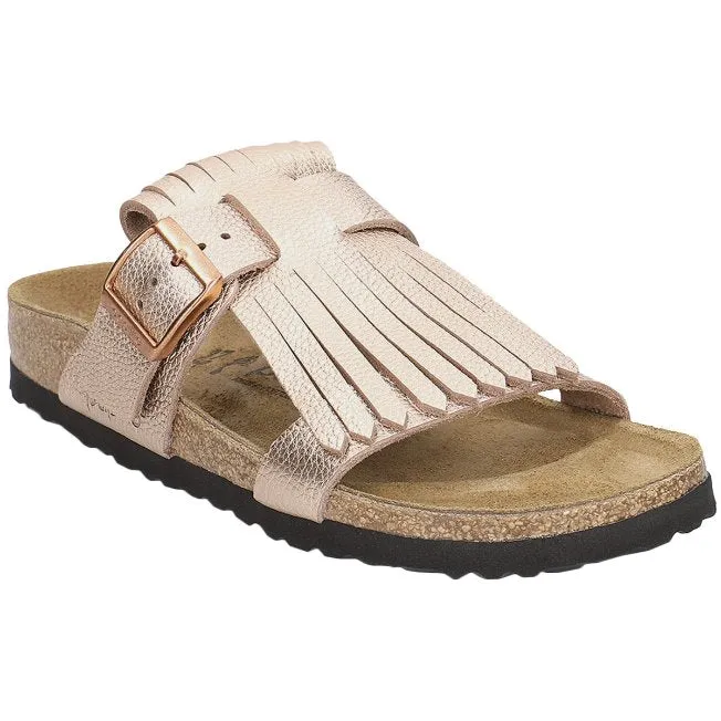 Papillio Maddie Fringe Metallic Leather Unisex Slide Sandals