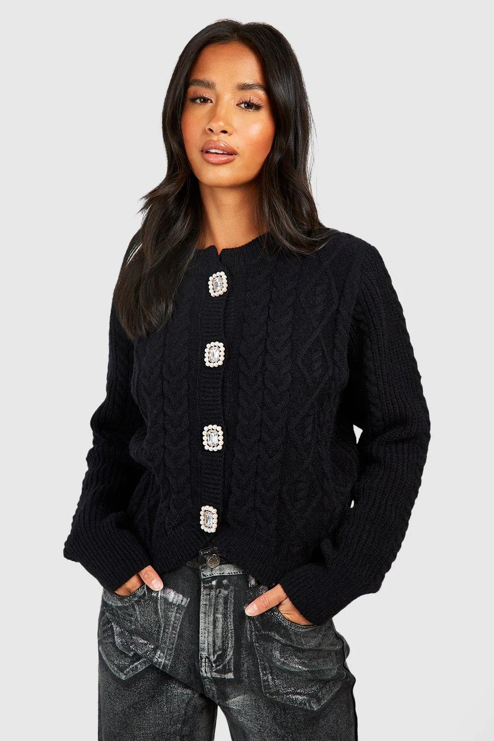 Petite Crystal Button Cable Knit Cardigan