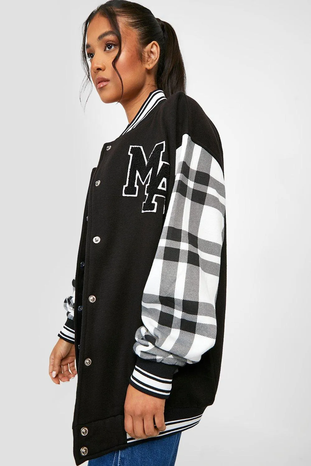 Petite Flannel Sleeve Badge Varsity Jacket