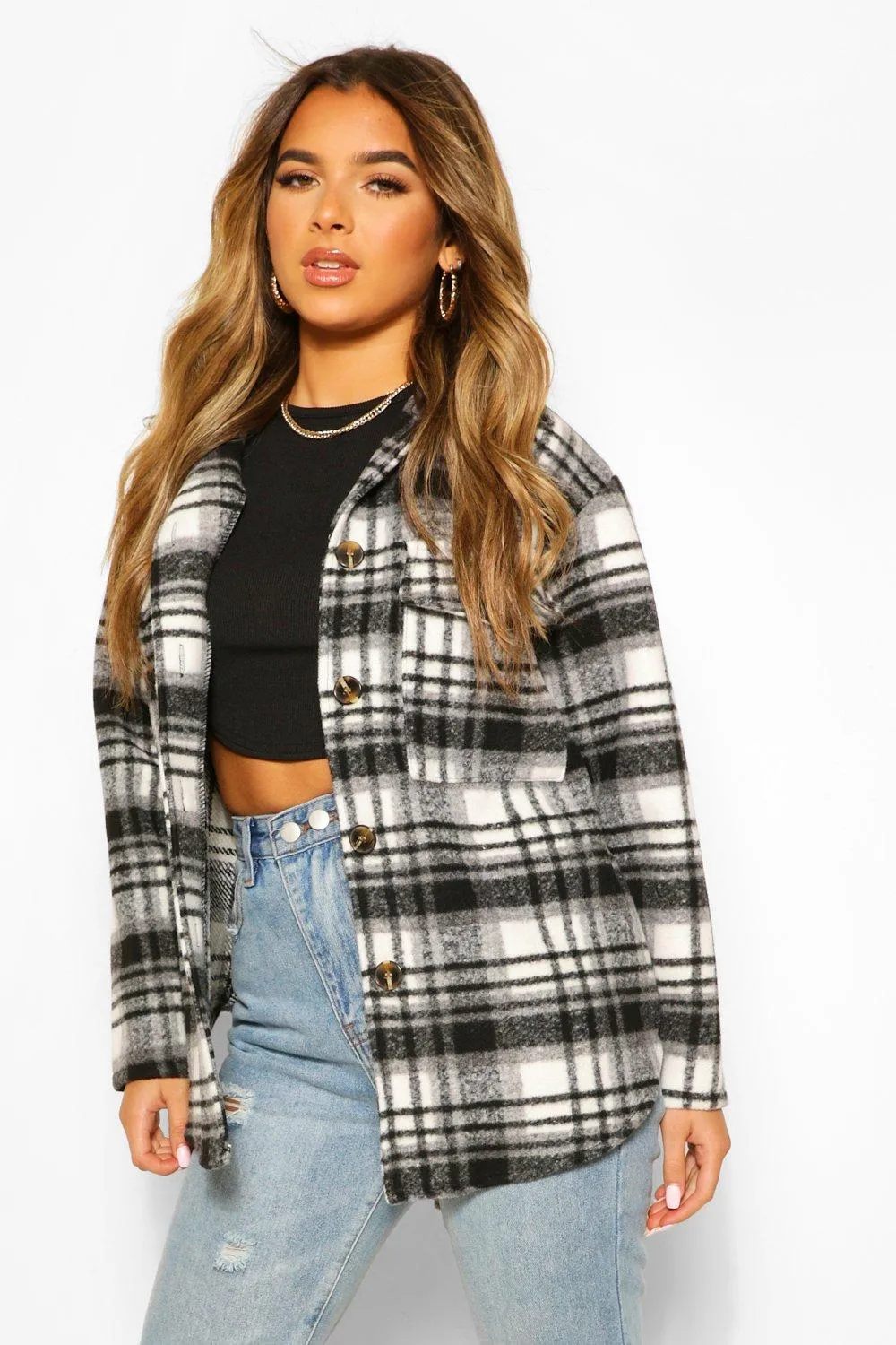 Petite Flannel Wool Look Longline Shirt Jacket