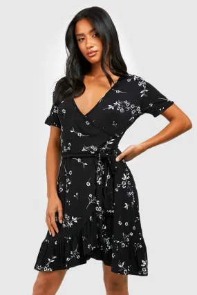 Petite Floral Wrap Frill Hem Dress