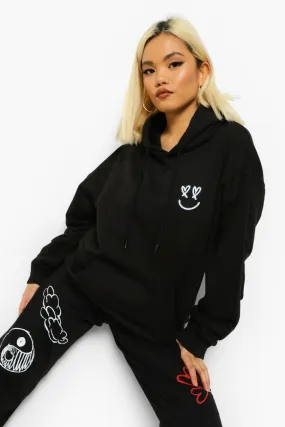 Petite Happy Pocket Print Oversized Hoodie