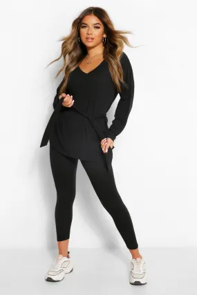 Petite Soft Rib Tie Waist Top & Leggings Two-Piece