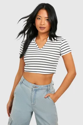 Petite Stripe Rib Cropped Polo Top
