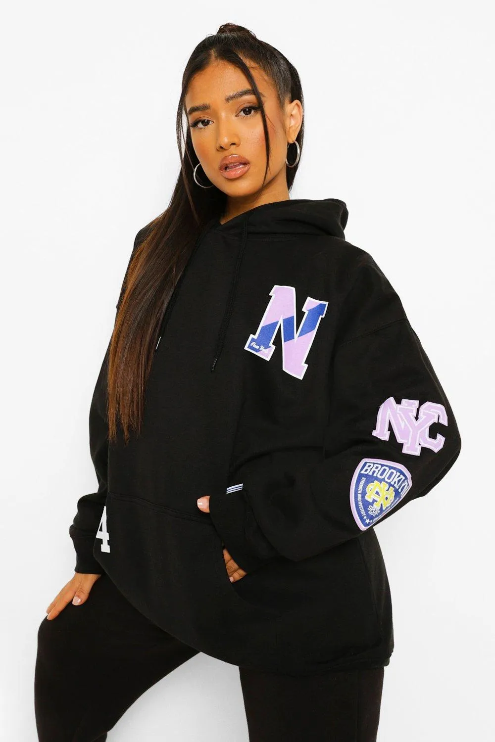 Petite Varsity Multi Print Oversized Hoodie