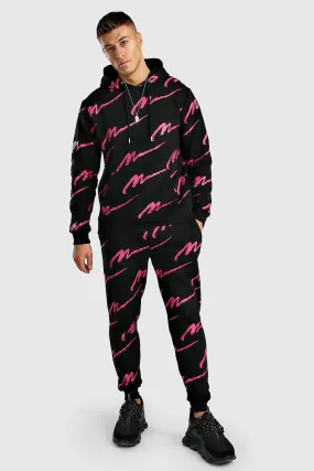 Pink All Over MAN Print Hooded Tracksuit | boohooMAN UK