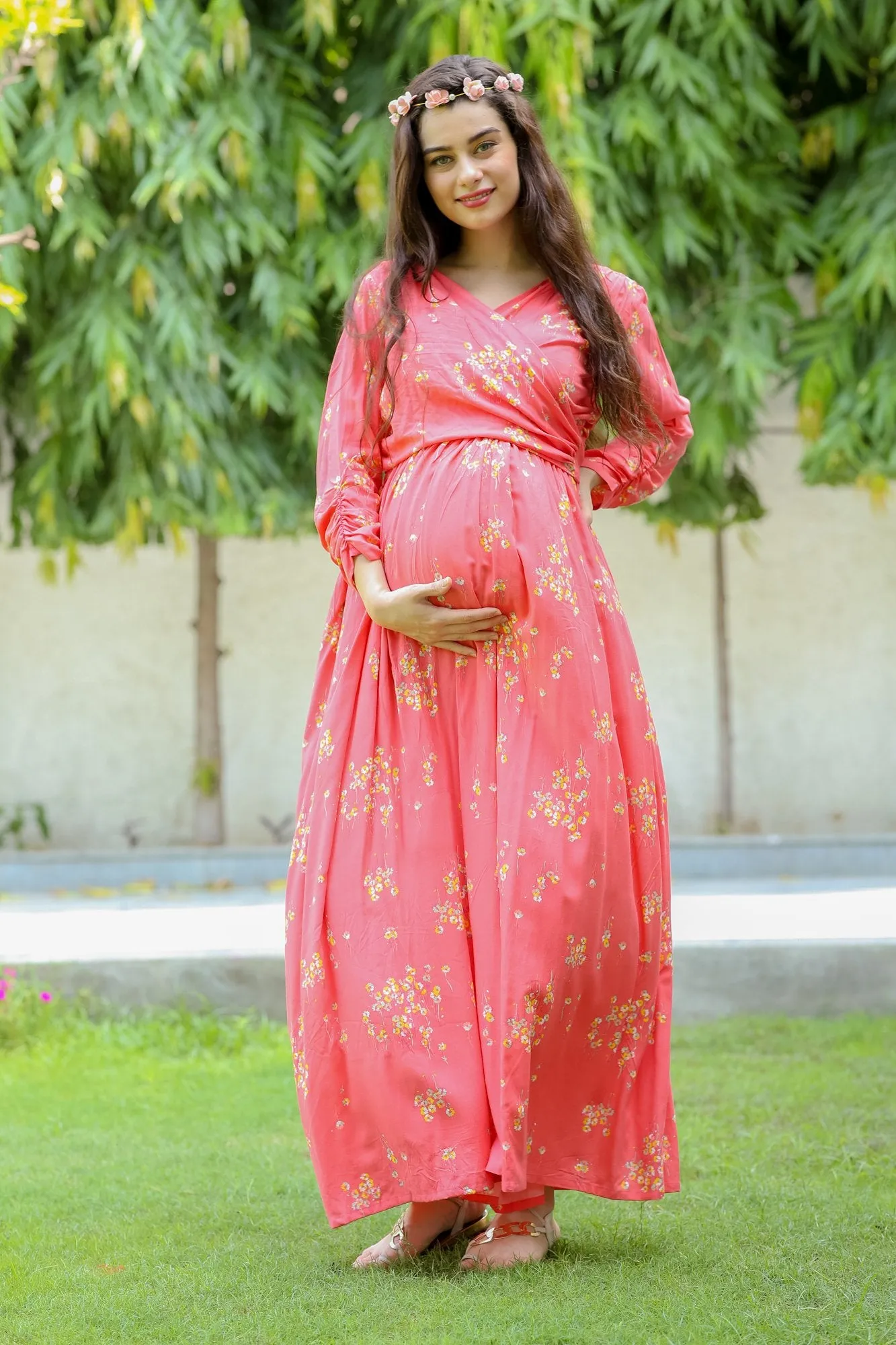 Pink Blush Floral Maternity & Nursing Wrap Dress