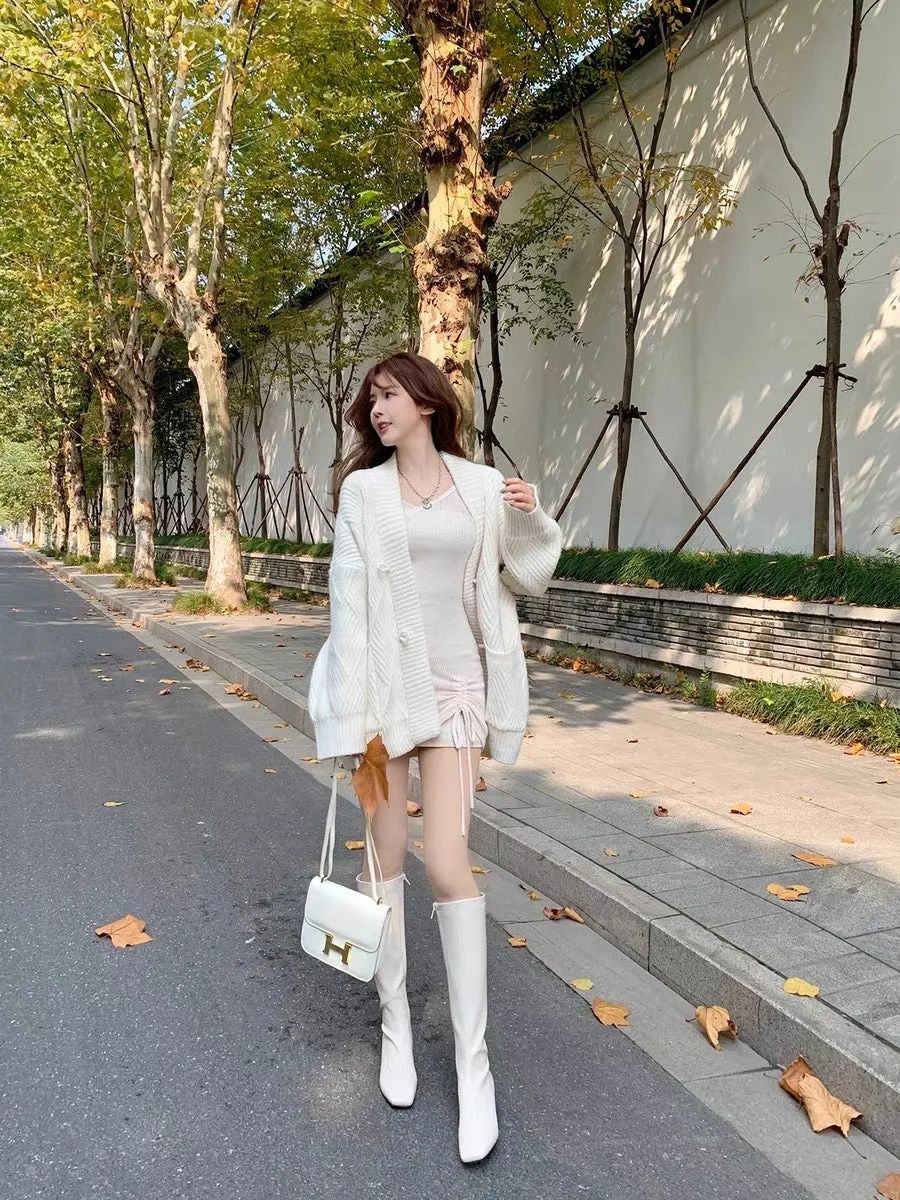 pinkpo Pure Desire Series Horn Button Knitted Wool Blended Cardigan Women's Winter Lazy Style Loose Jacket (S217)