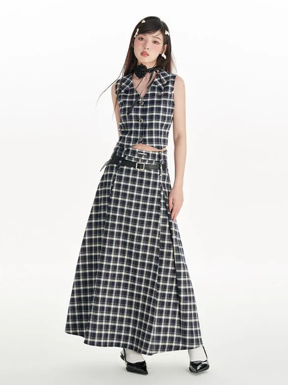 Plaid Short Vest & High Waist A-line Long Skirt