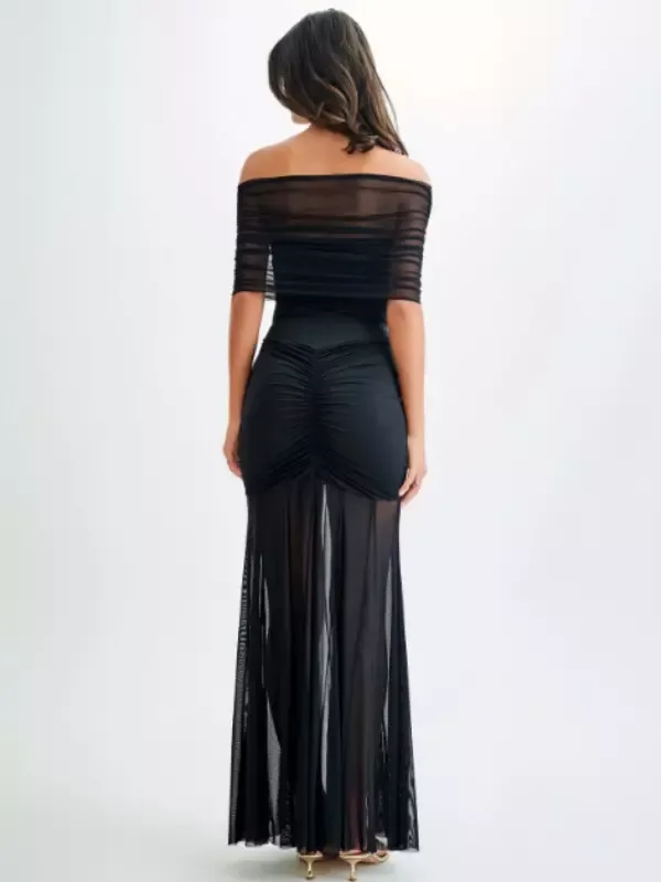 Pleated Maxi Dresses Off-Shoulder Sheer Semi-formal Party Long Dress For Women 2025
