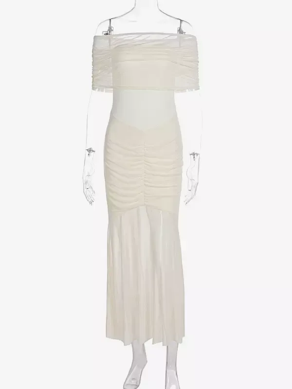 Pleated Maxi Dresses Off-Shoulder Sheer Semi-formal Party Long Dress For Women 2025