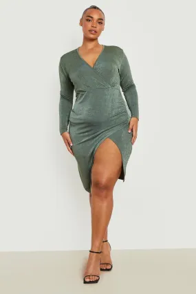 Plus Acetate Slinky Wrap Midi Dress