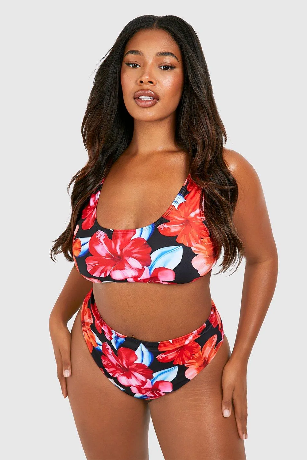 Plus Floral Print Strappy Bikini Set