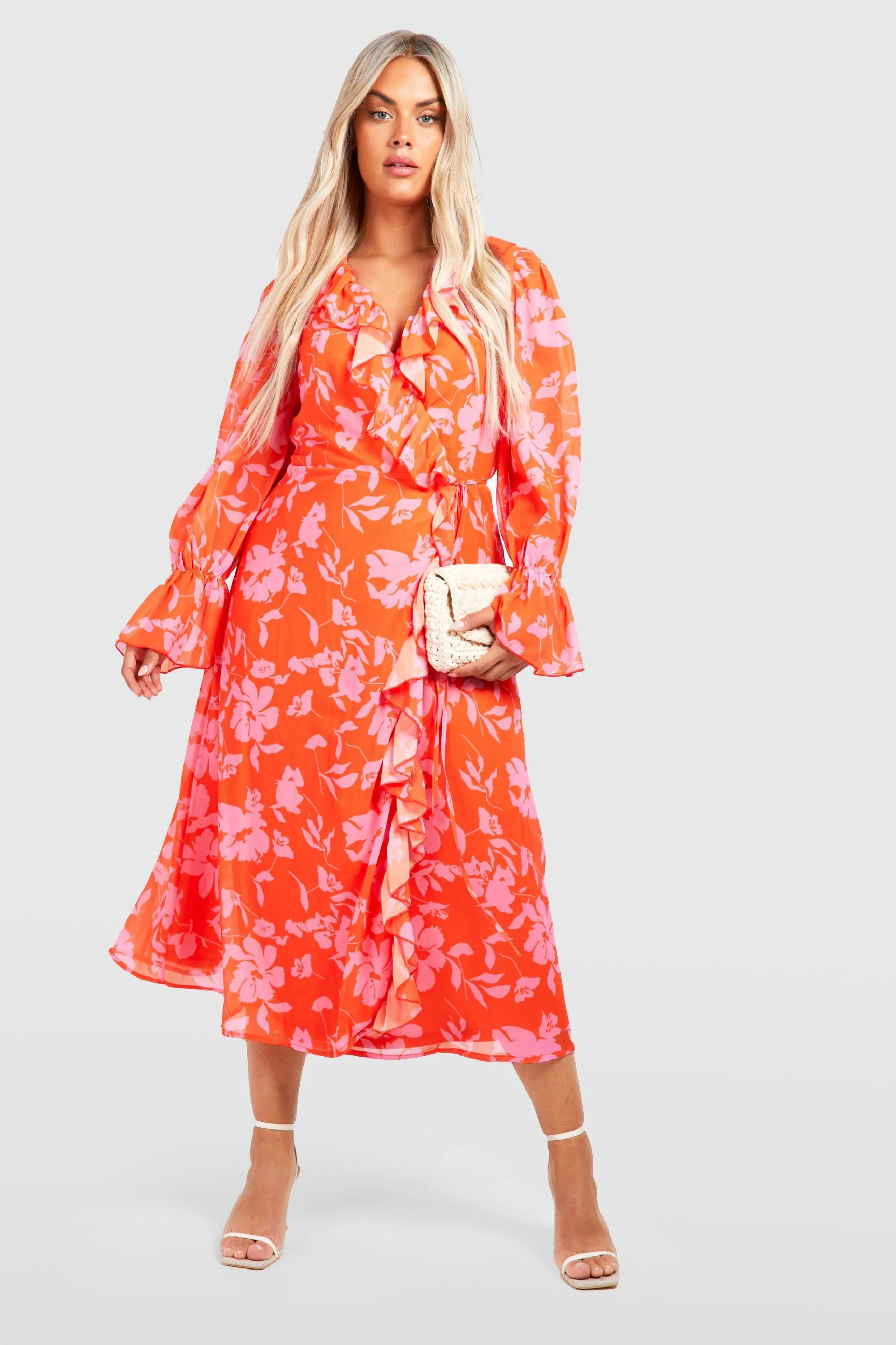 Plus Floral Ruffle Wrap Dress