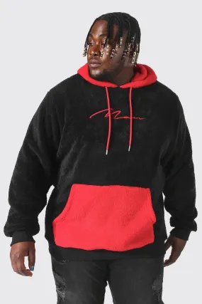 Plus Man Script Colour Block Borg Hoodie