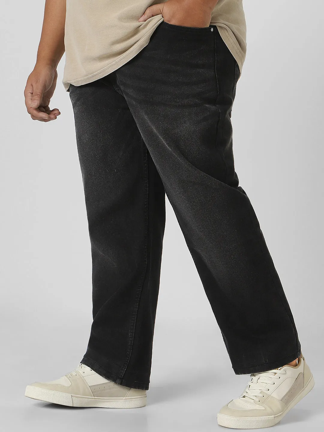 Plus Men's Black Regular Fit Washed Jeans Stretchable
