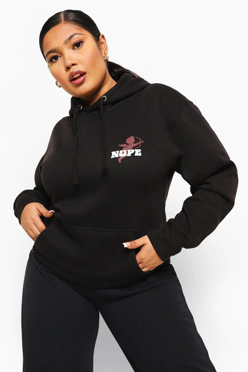 Plus Nope Cherub Pocket Print Slogan Hoodie
