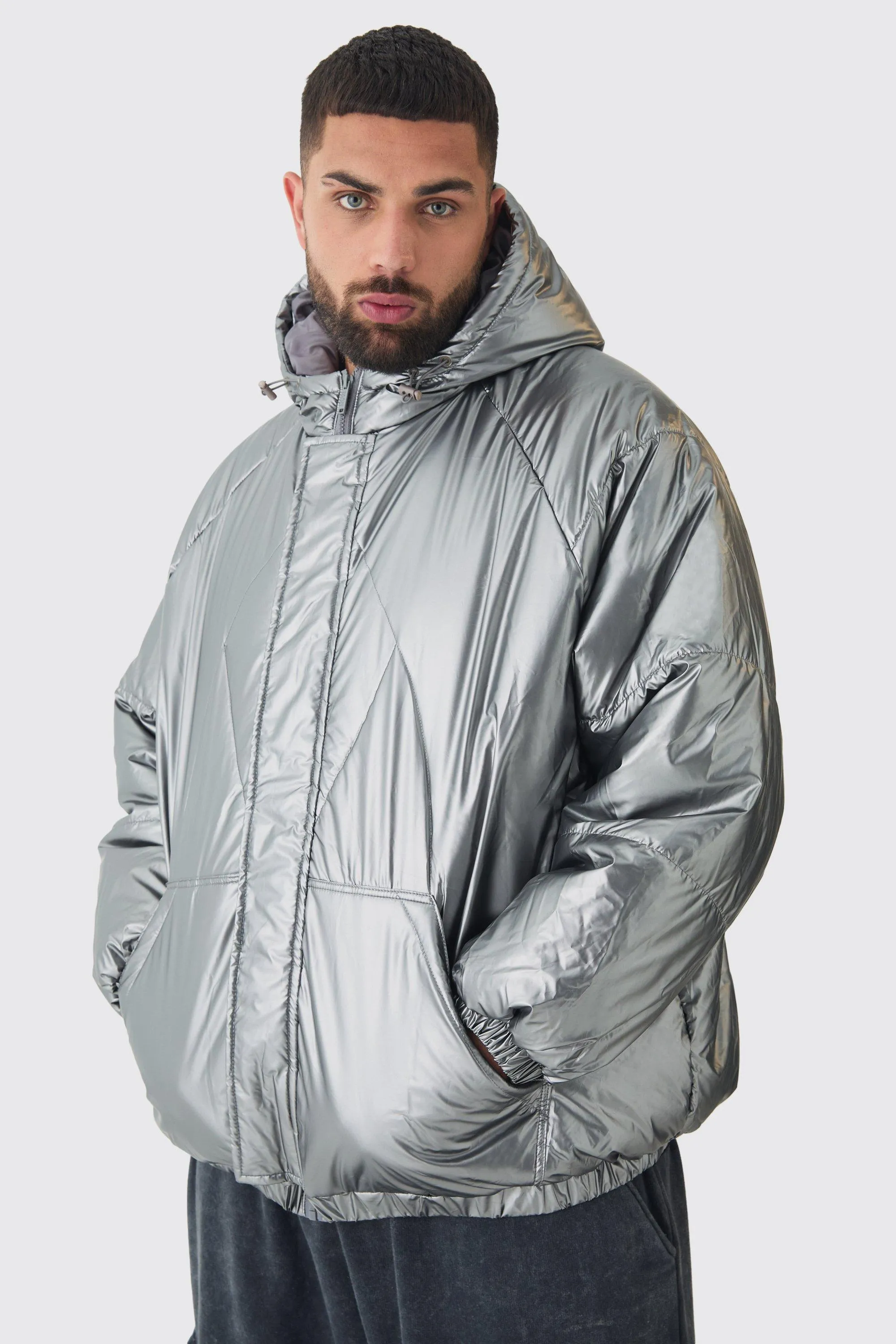Plus Oversized Metallic Hooded Puffer Jacket In Charcoal