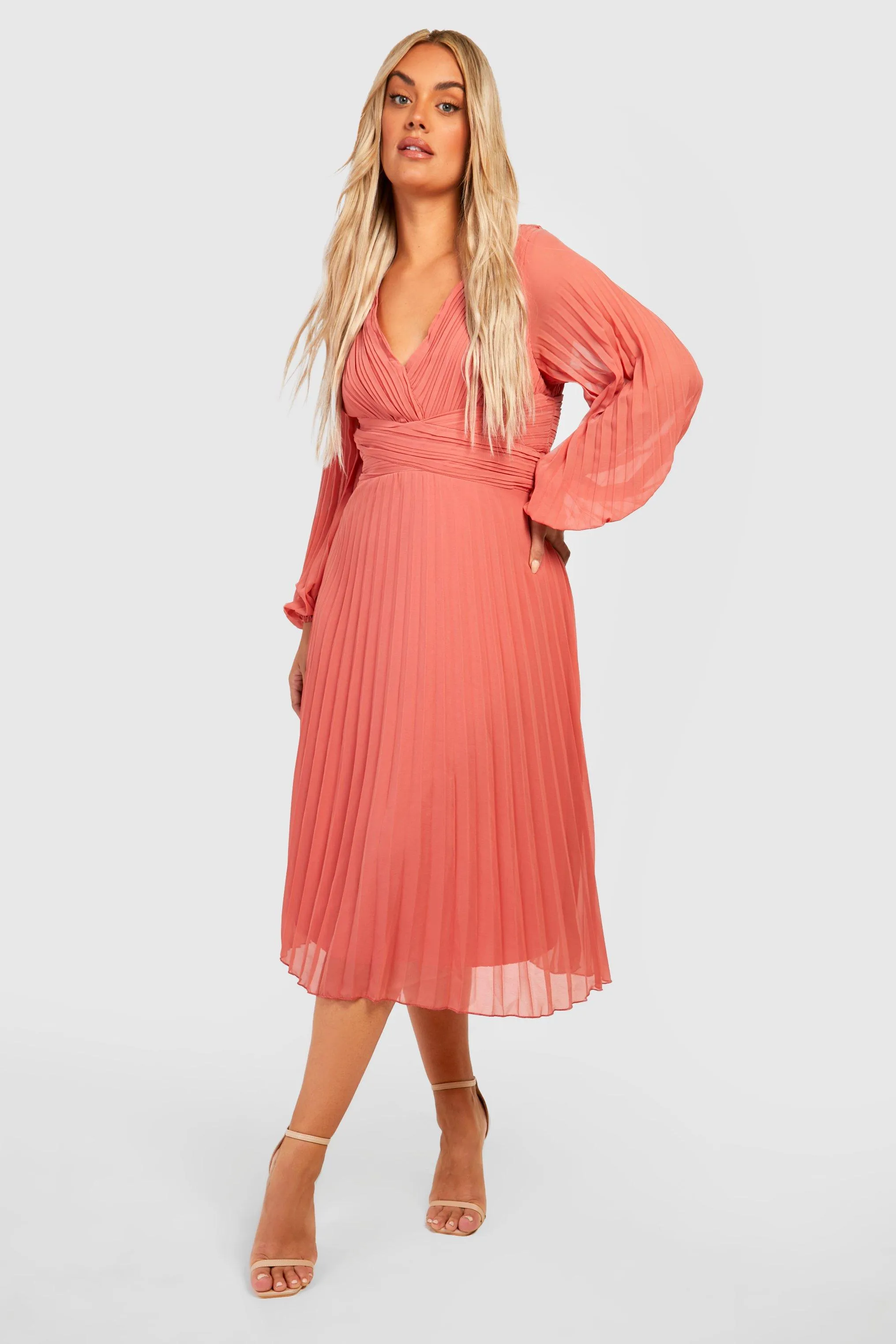 Plus Pleated Plunge Wrap Midi Dress