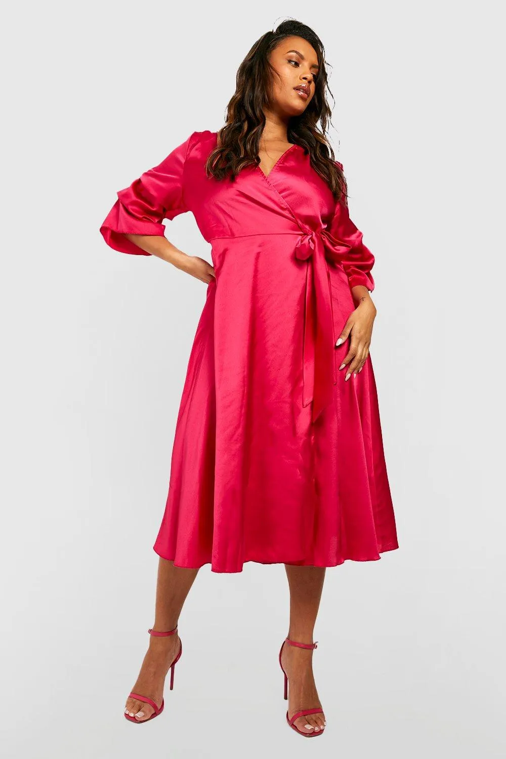 Plus Satin Ruched Sleeve Wrap Midi Dress